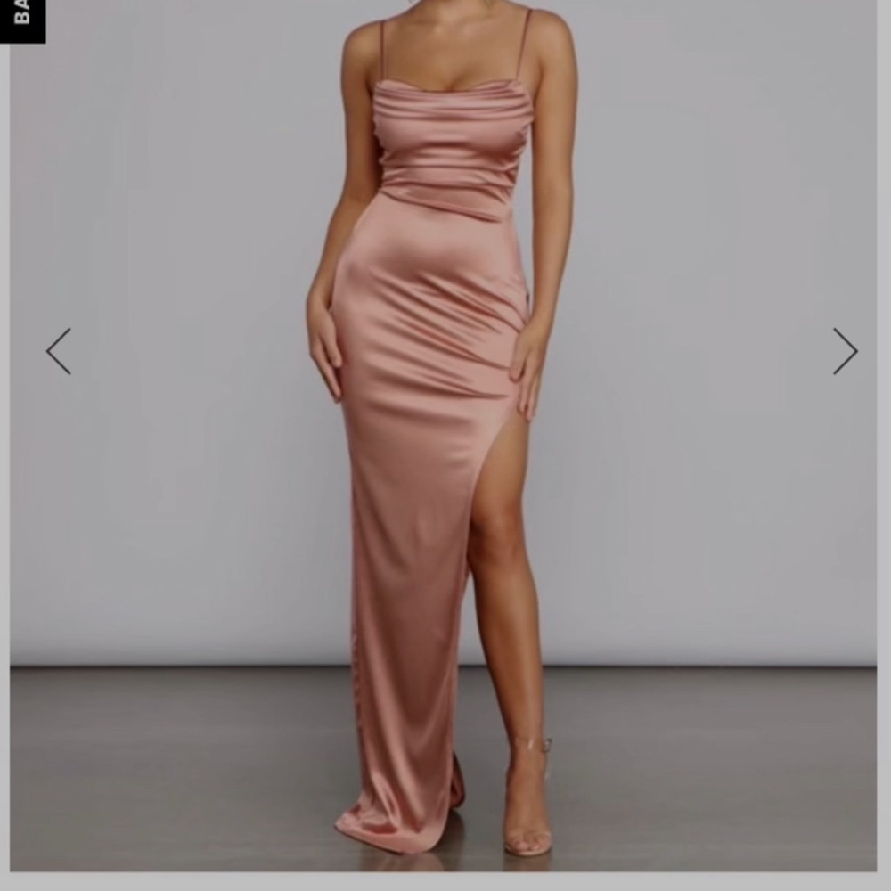 Windsor Rose Gold Cowl Neck Split Satin Evening Gown